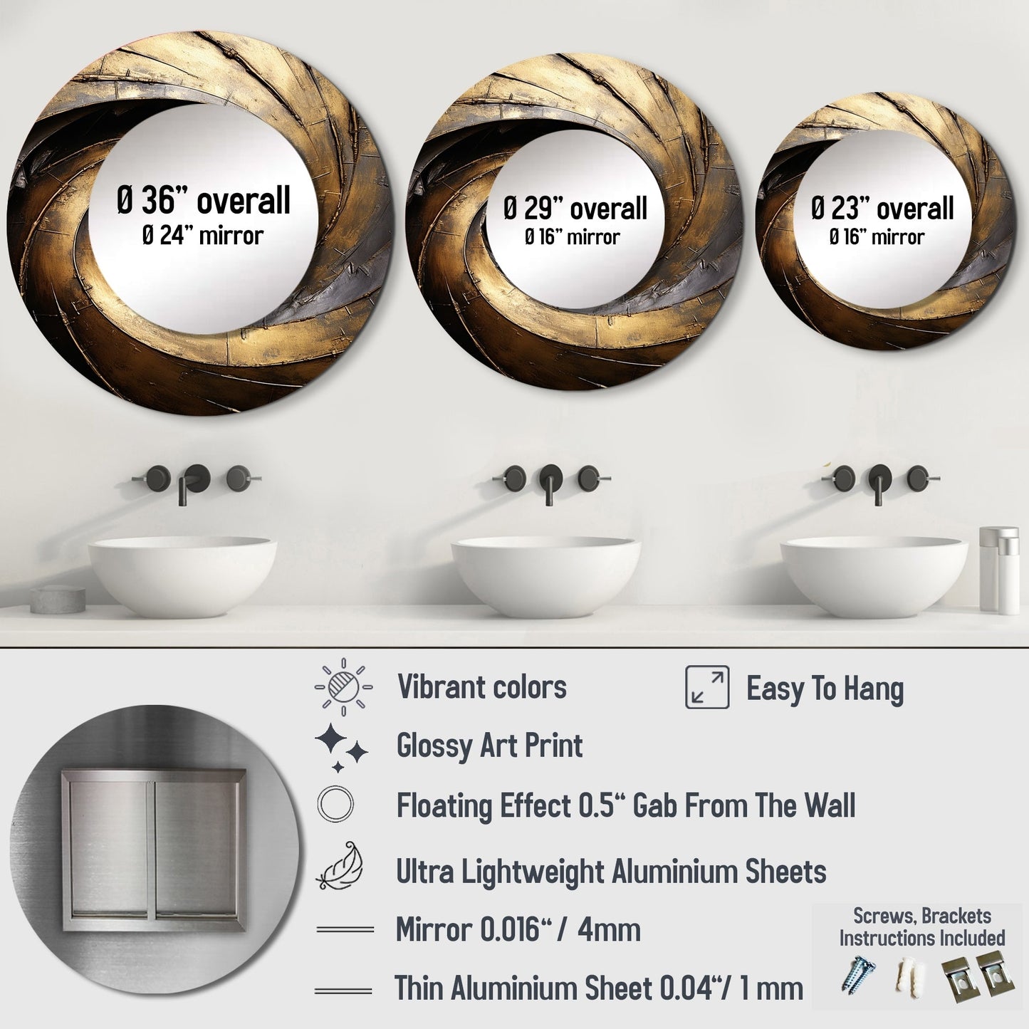 Miroir de salon Designart Gold Black Timeless Turn à spirales abstraites - Grand miroir rond moderne doré