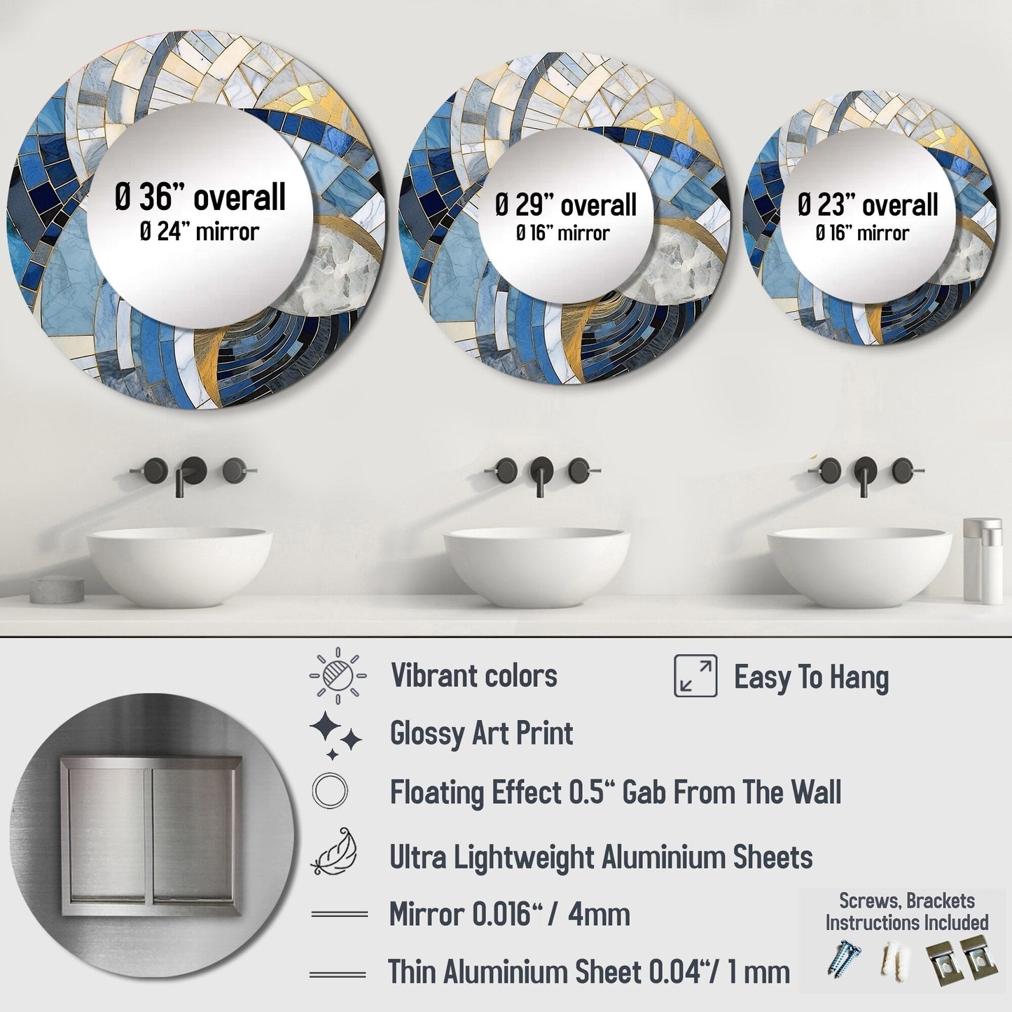 Miroir rond Designart Gold Constructing Blue Realms I Abstract Shapes - Miroir bleu moderne pour salon