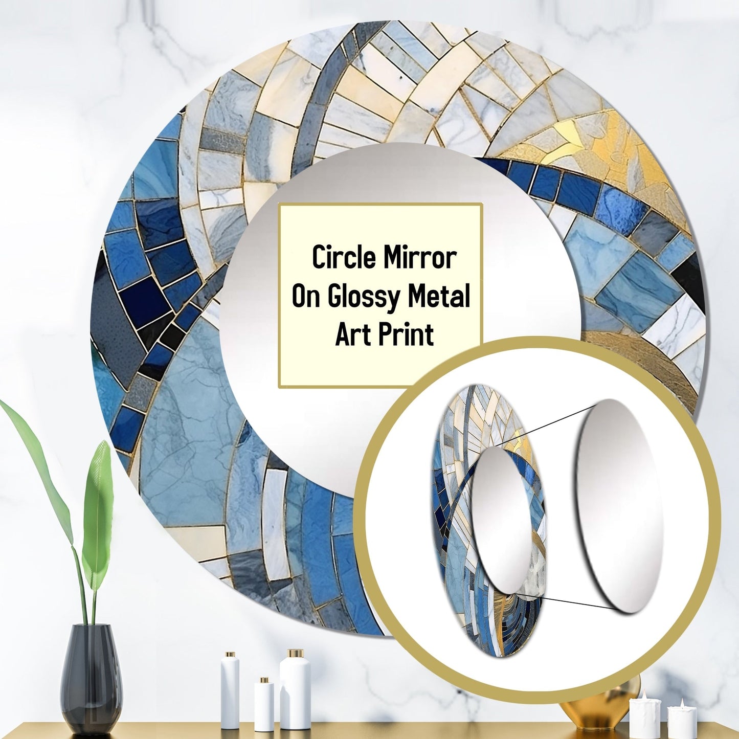 Miroir rond Designart Gold Constructing Blue Realms I Abstract Shapes - Miroir bleu moderne pour salon