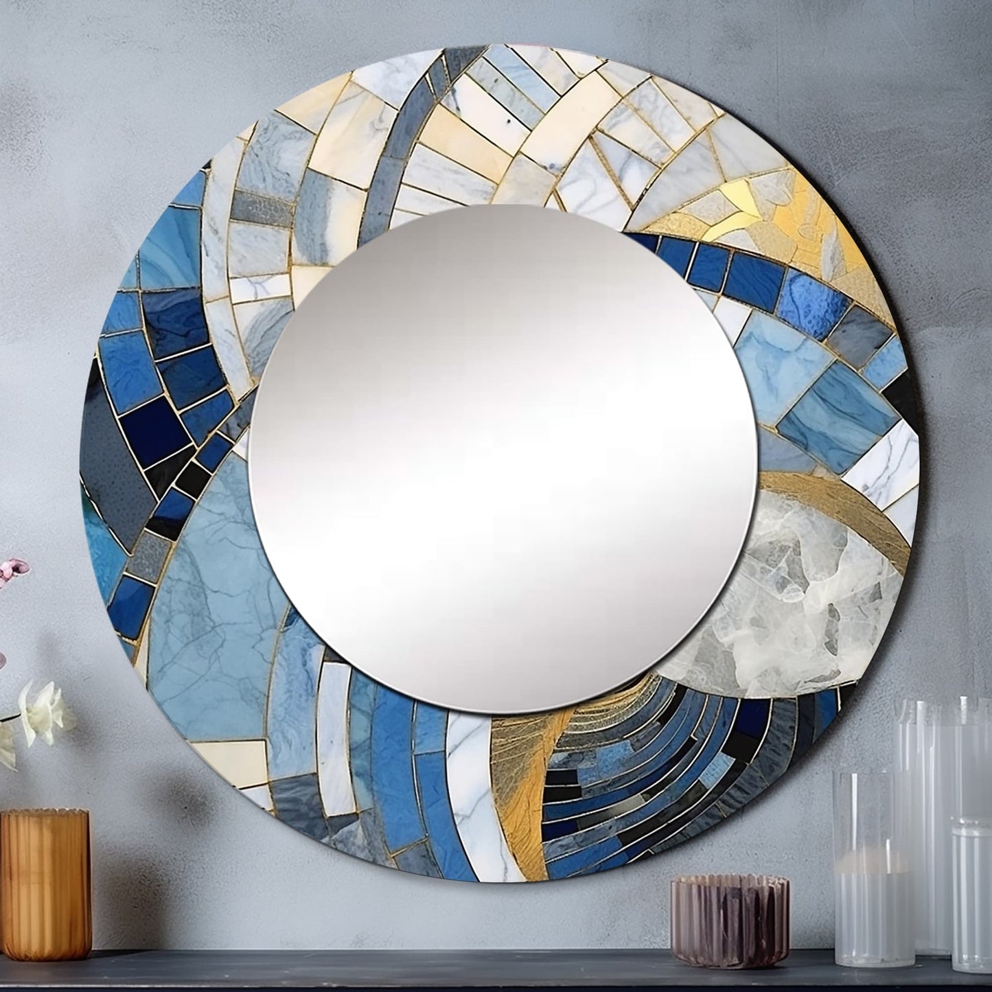 Miroir rond Designart Gold Constructing Blue Realms I Abstract Shapes - Miroir bleu moderne pour salon