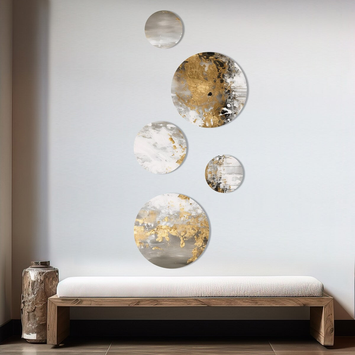 Ensemble de 5 tableaux abstraits en métal doré et blanc Designart