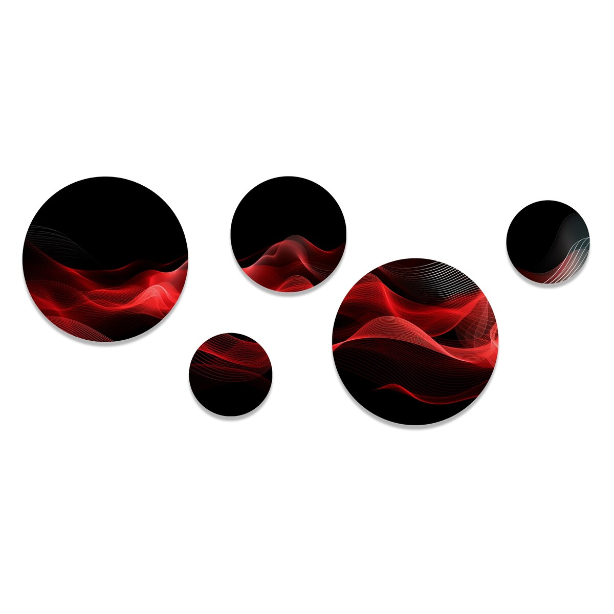 Ensemble de 5 tableaux ronds en métal Designart Rouge et Noir Abstraction Contemplative IX Vagues Modernes