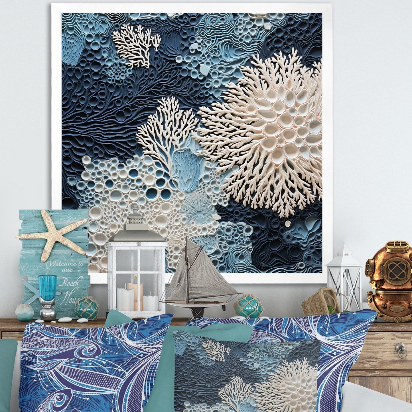 Designart Collage de coraux bleus et blancs sous l'eau, style côtier, toile encadrée