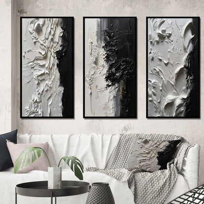 Ensemble de 3 tableaux encadrés Designart Blanc et Noir « Tranquillité libérée III » en marbre abstrait pour la décoration de bureau