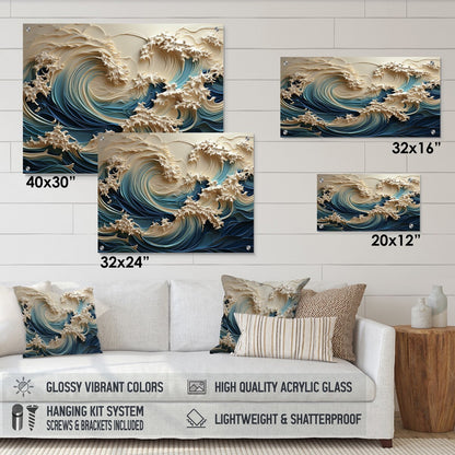Décoration murale brillante Designart Vagues blanches et bleues style découpage papier III - Art mural acrylique côtier pour chambre