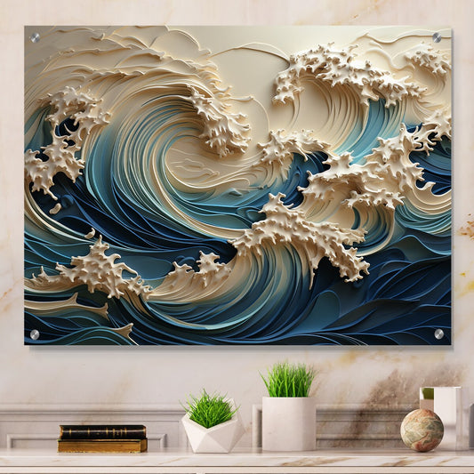 Décoration murale brillante Designart Vagues blanches et bleues style découpage papier III - Art mural acrylique côtier pour chambre