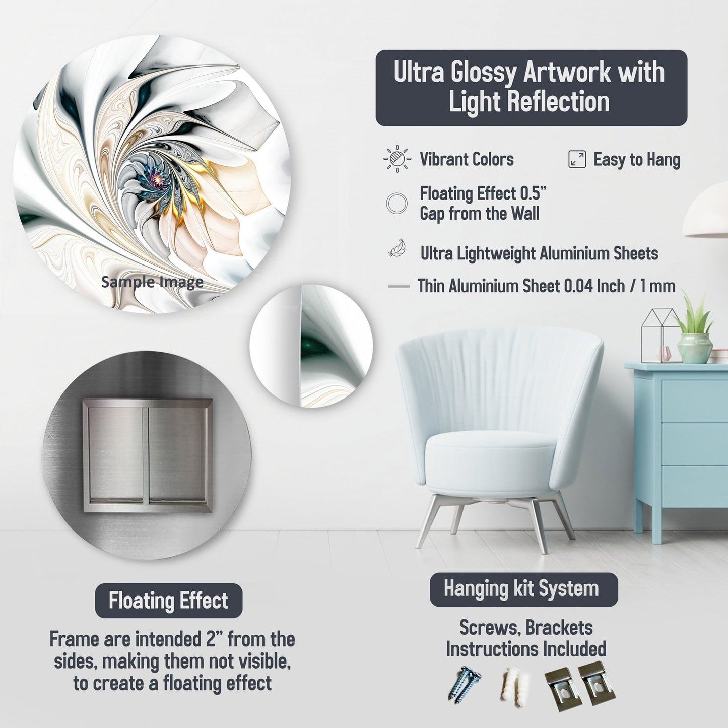 Designart Collage botanique blanc abstrait, décoration murale en métal pour salon