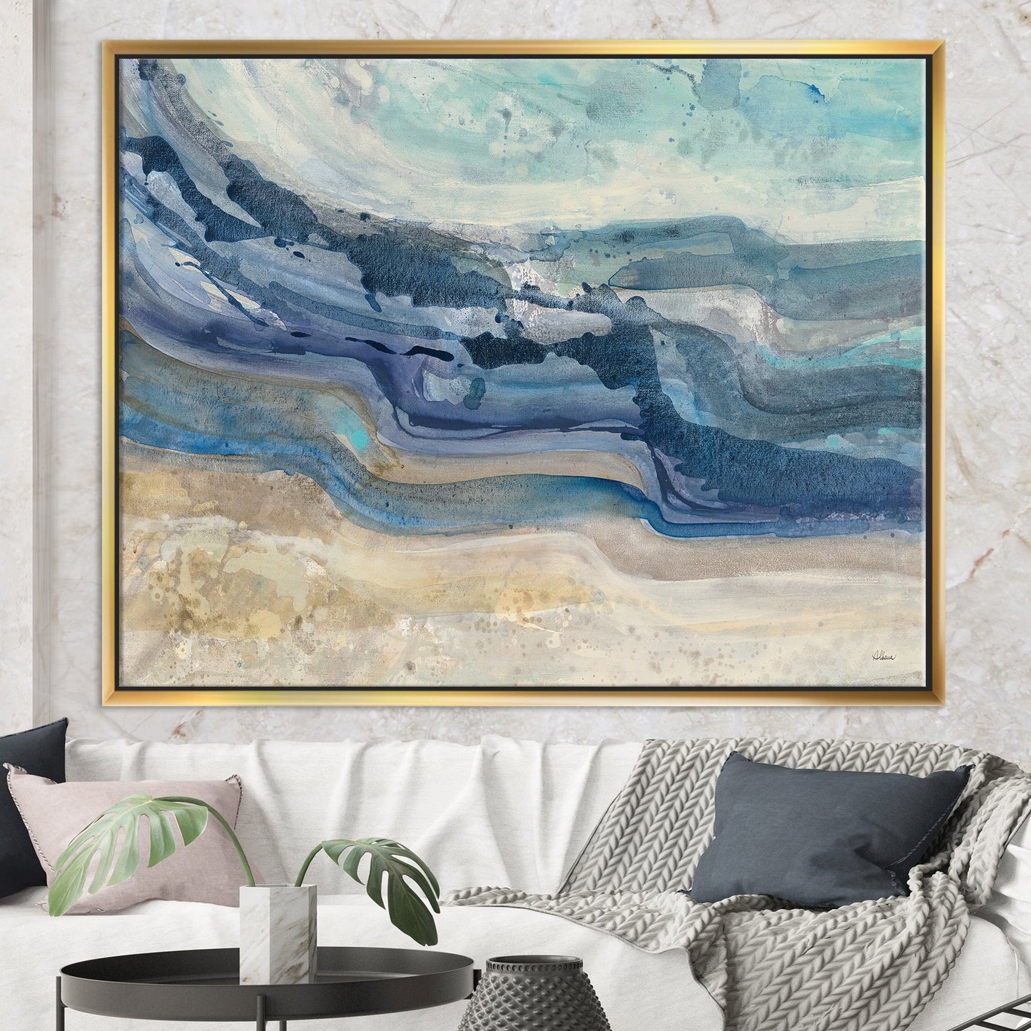 Designart Côte Vagues Bleues Aquarelle Style Ferme Moderne Toile Encadrée