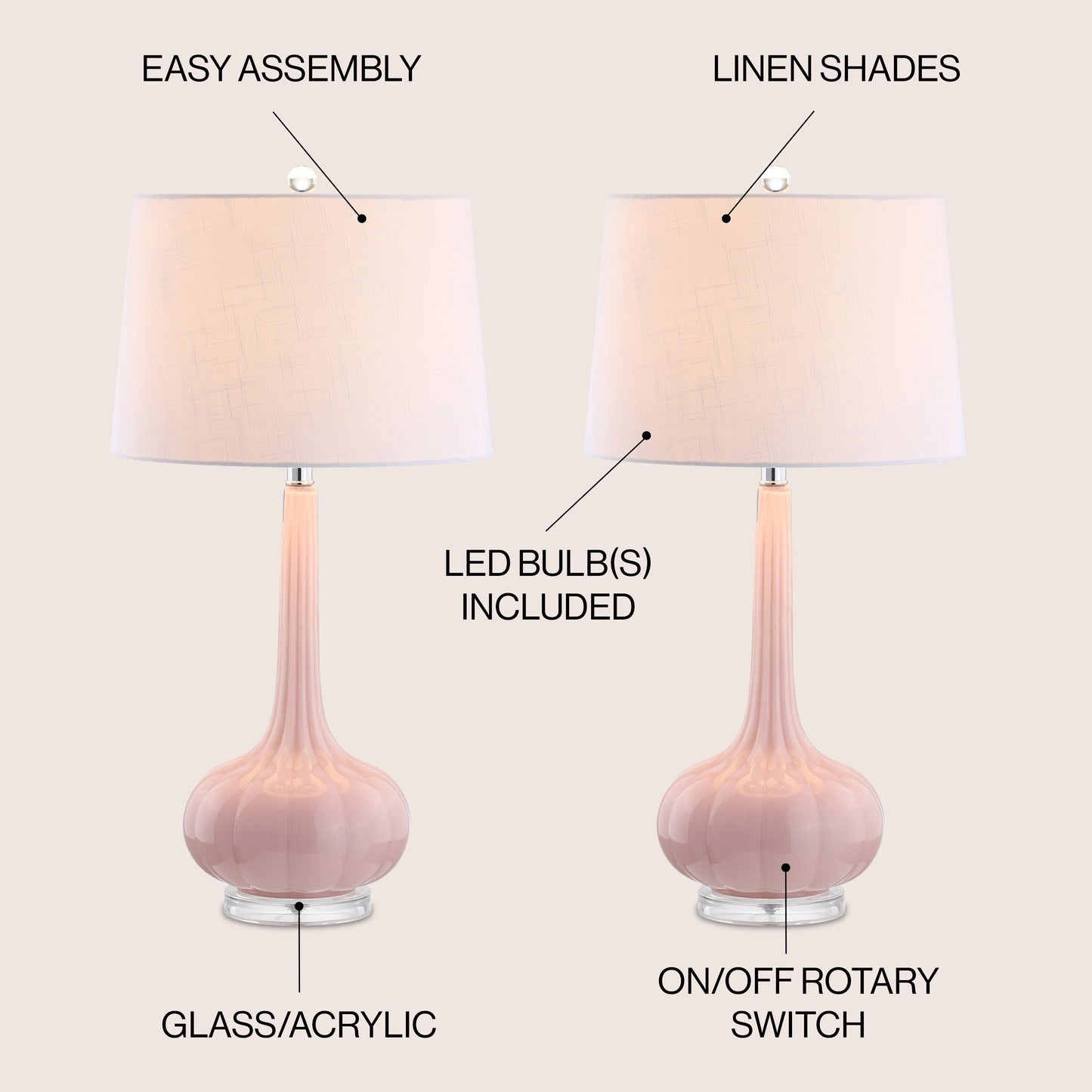 Lampe de table LED Diamante 28,5 en verre en forme de larme, rose (lot de 2) par JONATHAN Y