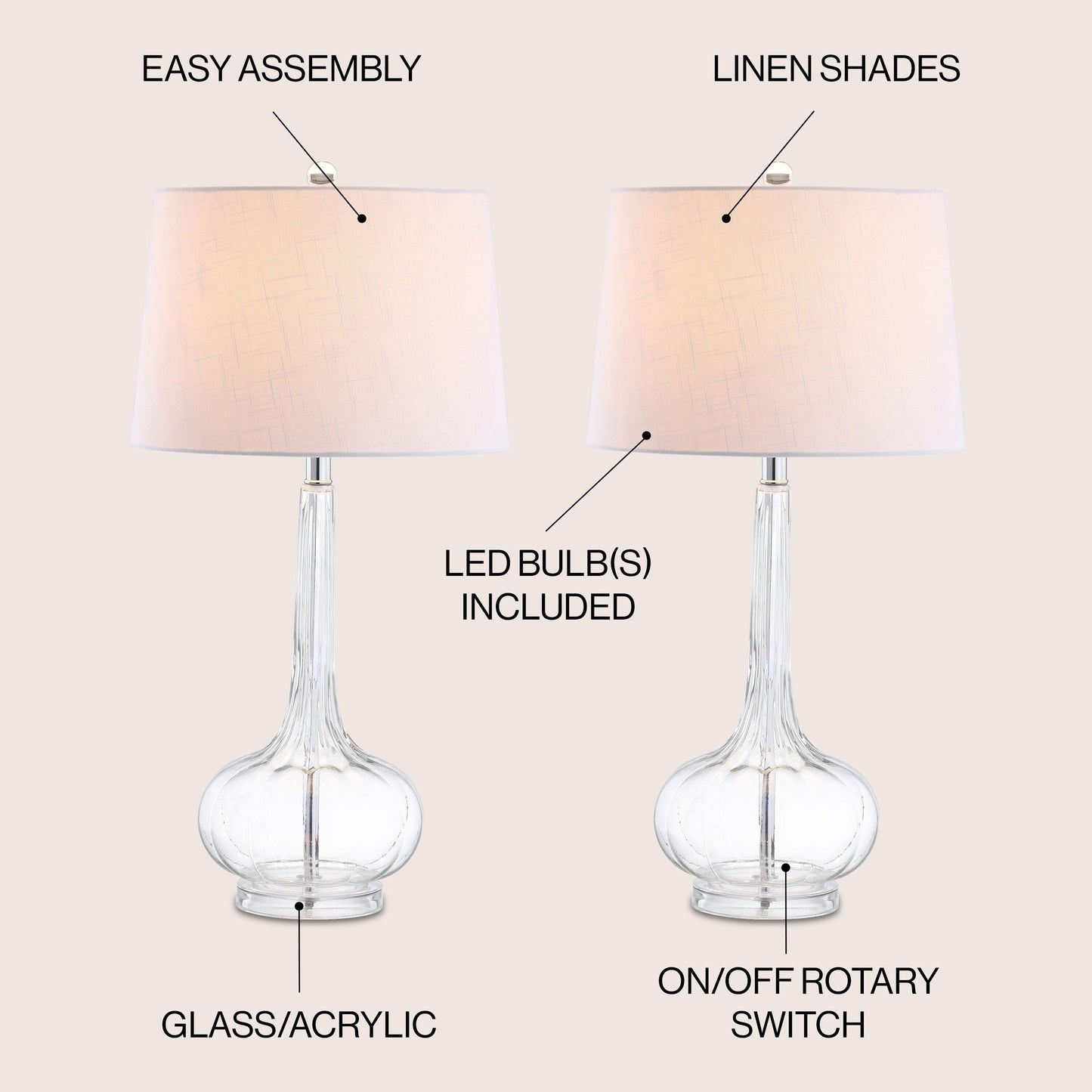 Lampe de table LED Diamante 28,5 en verre en forme de larme, rose (lot de 2) par JONATHAN Y
