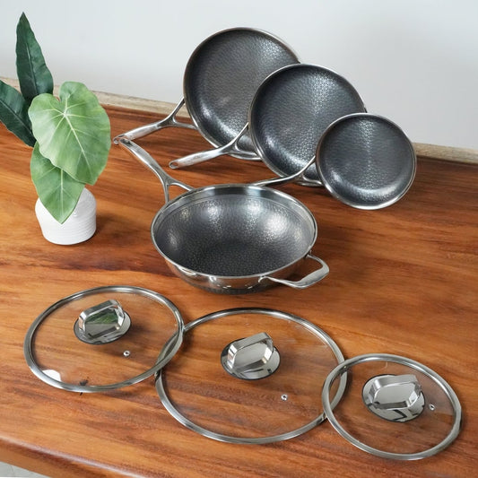 Ensemble de 7 poêles à frire hybrides antiadhésives en acier inoxydable DiamondClad