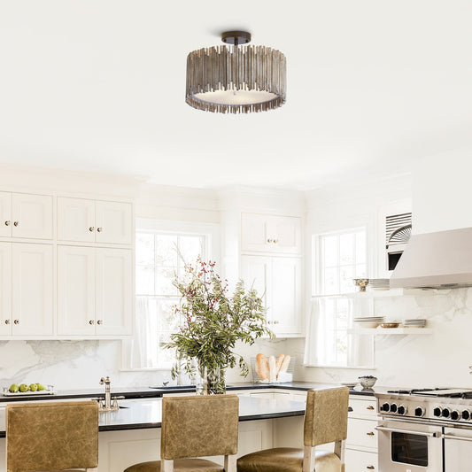 Plafonnier semi-encastré à 3 lumières en bois blanc vieilli, style tambour.