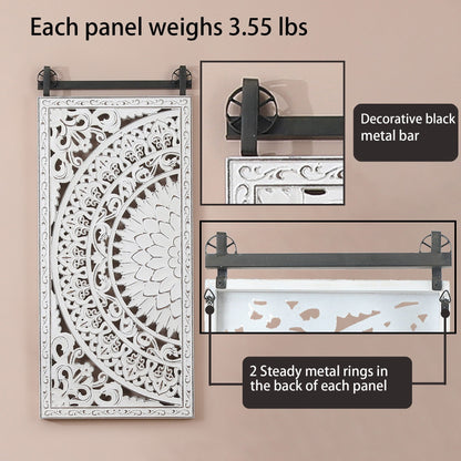Ensemble de 2 tableaux muraux en bois blanc ivoire vieilli, représentant des fleurs et ornés de détails noirs.