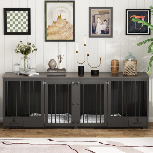 Meubles pour cage de chien - Niche en bois avec séparateur de pièce et 2 tiroirs