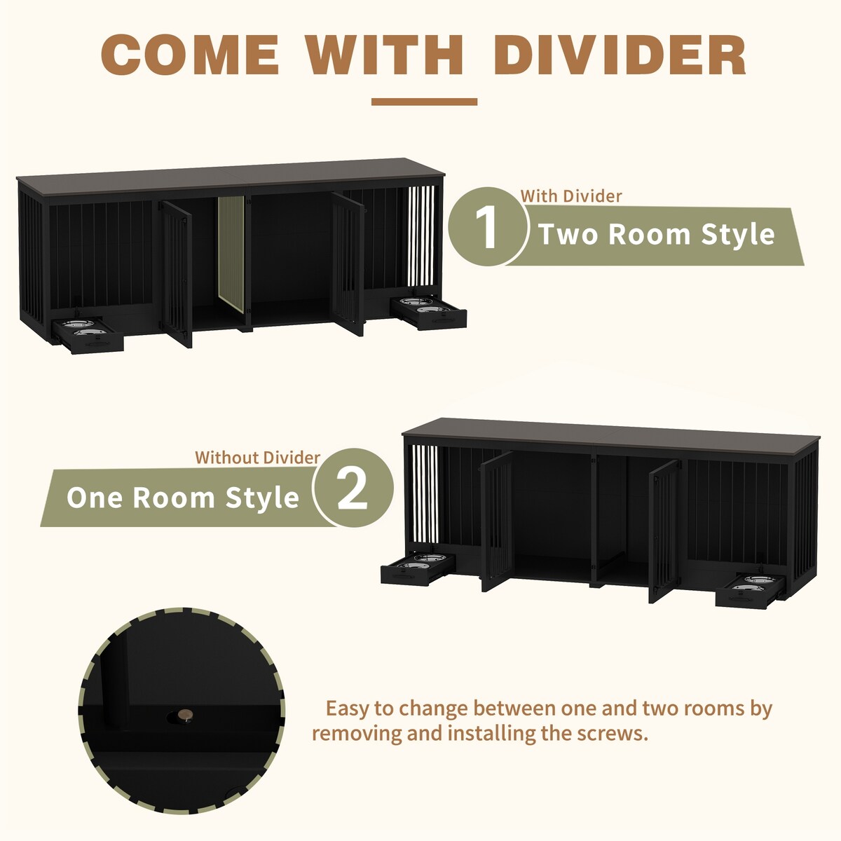 Meubles pour cage de chien - Niche en bois avec séparateur de pièce et 2 tiroirs