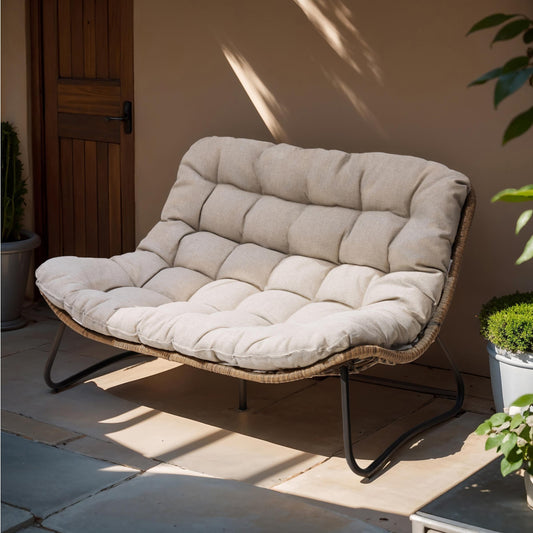 Fauteuil Papasan double deux places avec coussin, en rotin PE résistant aux intempéries et structure en métal pour intérieur et extérieur
