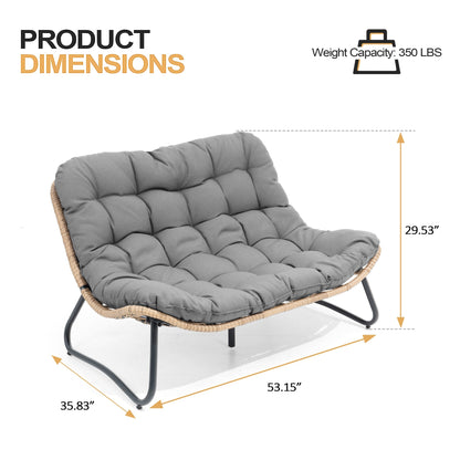 Fauteuil Papasan double deux places avec coussin, en rotin PE résistant aux intempéries et structure en métal pour intérieur et extérieur