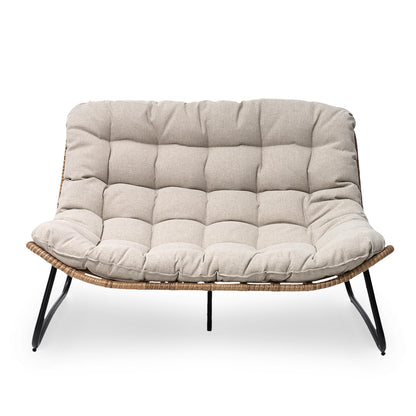 Fauteuil Papasan double deux places avec coussin, en rotin PE résistant aux intempéries et structure en métal pour intérieur et extérieur