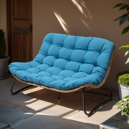 Fauteuil Papasan double deux places avec coussin, en rotin PE résistant aux intempéries et structure en métal pour intérieur et extérieur