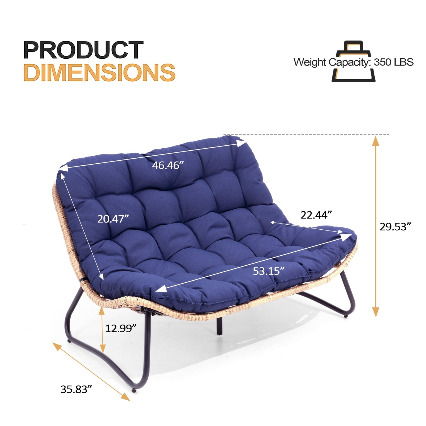 Fauteuil Papasan double deux places avec coussin, en rotin PE résistant aux intempéries et structure en métal pour intérieur et extérieur