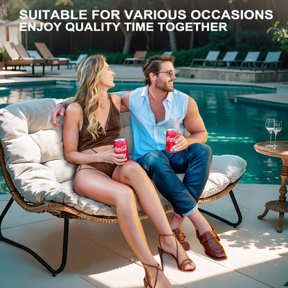 Fauteuil Papasan double deux places avec coussin, en rotin PE résistant aux intempéries et structure en métal pour intérieur et extérieur