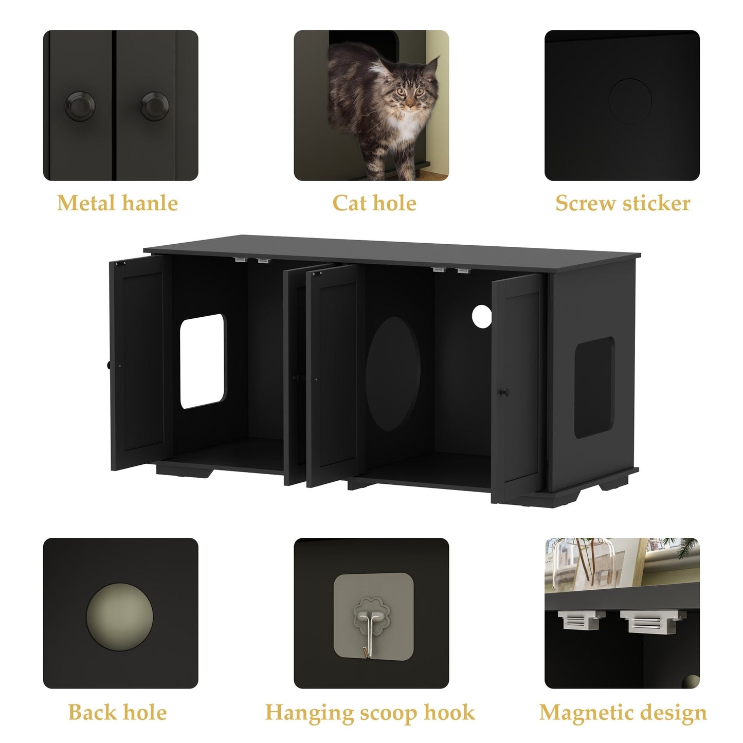 Meubles dissimulant la litière pour chat dans une salle de bain privée pour animaux de compagnie