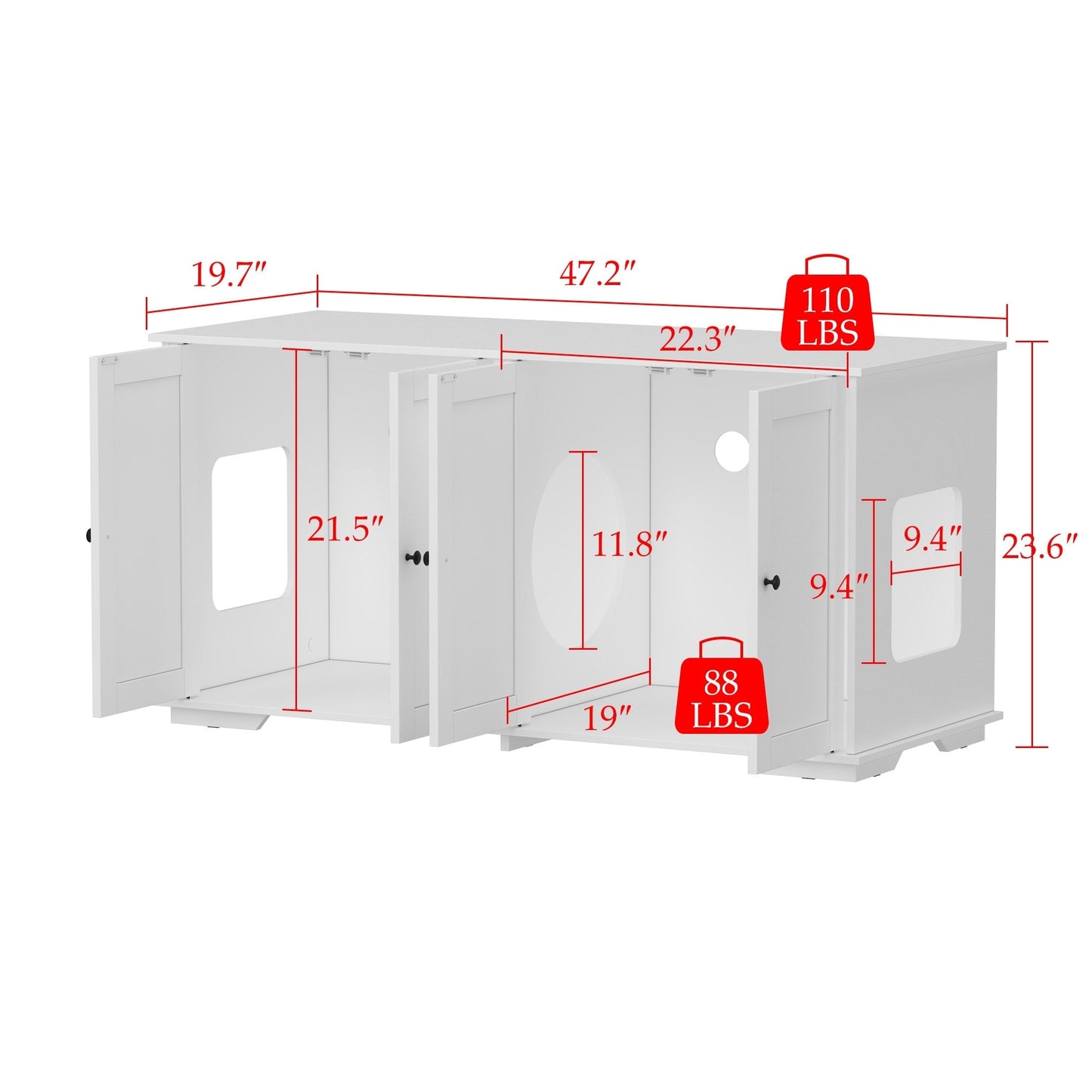 Meubles dissimulant la litière pour chat dans une salle de bain privée pour animaux de compagnie