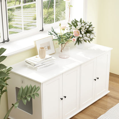 Meubles dissimulant la litière pour chat dans une salle de bain privée pour animaux de compagnie