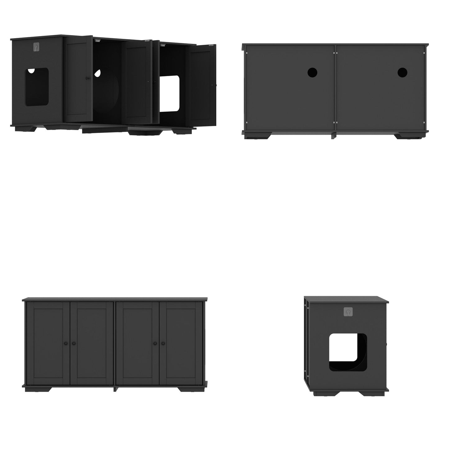 Meubles dissimulant la litière pour chat dans une salle de bain privée pour animaux de compagnie