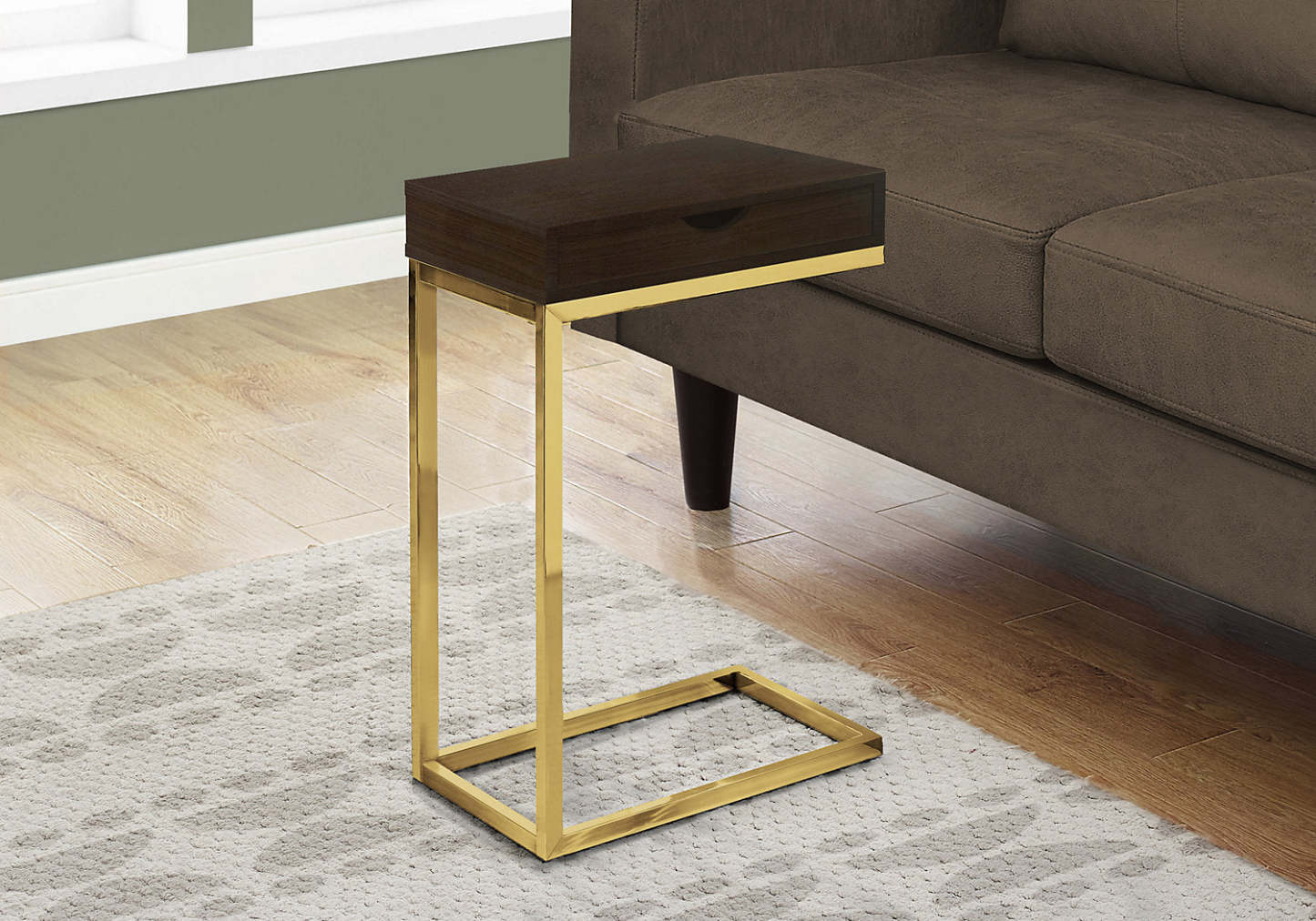 Emery 15,75 C-Shape Accent Table with Drawer - Cappuccino &amp; Gold|Table d'appoint Emery de 15,75 po en forme de C avec tiroir - cappuccino et doré