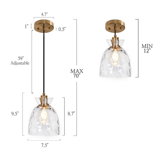 Suspension Elisie style moderne du milieu du siècle, 1 lumière, dôme en verre martelé effet cascade, éclairage pour îlot de cuisine ou salle à manger