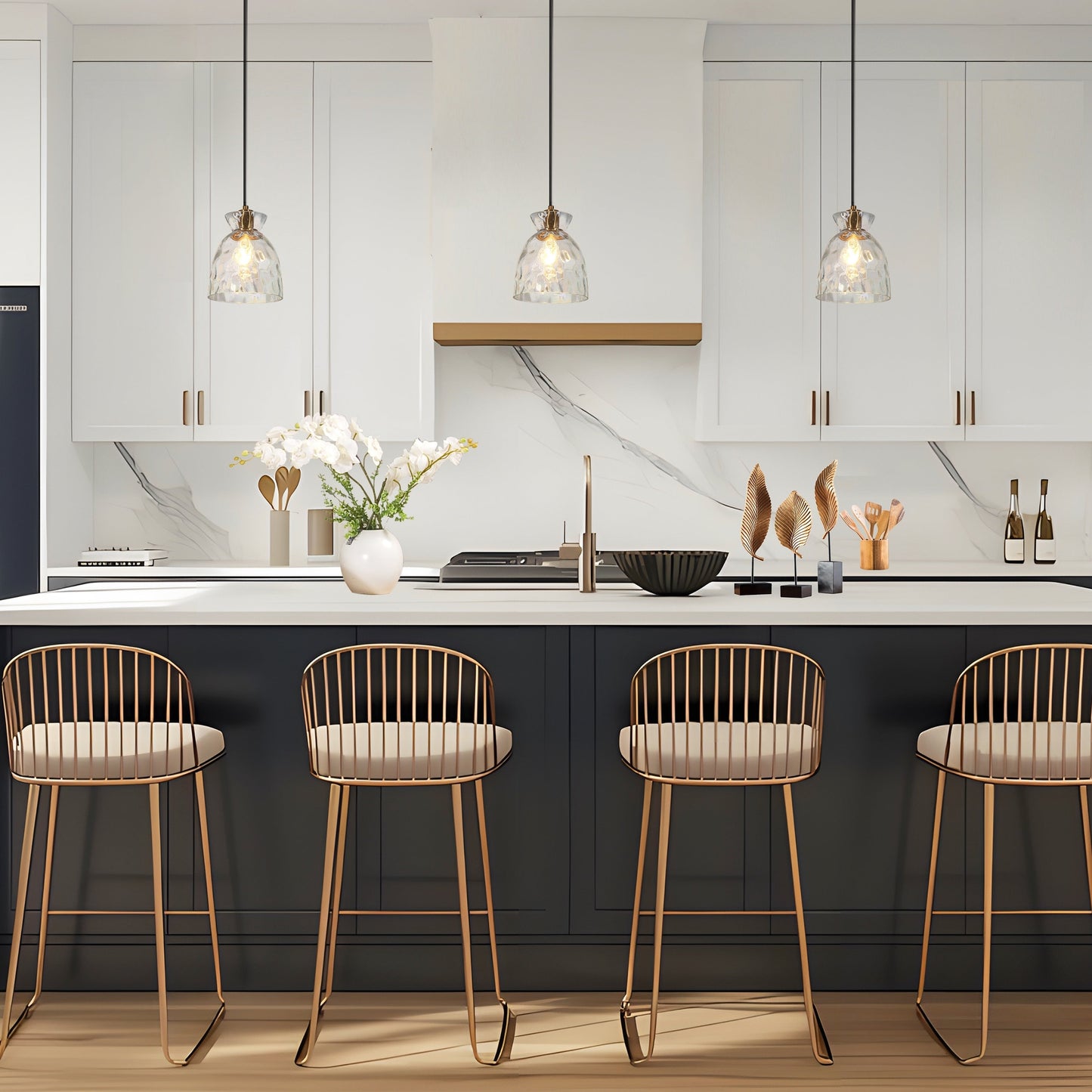 Suspension Elisie style moderne du milieu du siècle, 1 lumière, dôme en verre martelé effet cascade, éclairage pour îlot de cuisine ou salle à manger