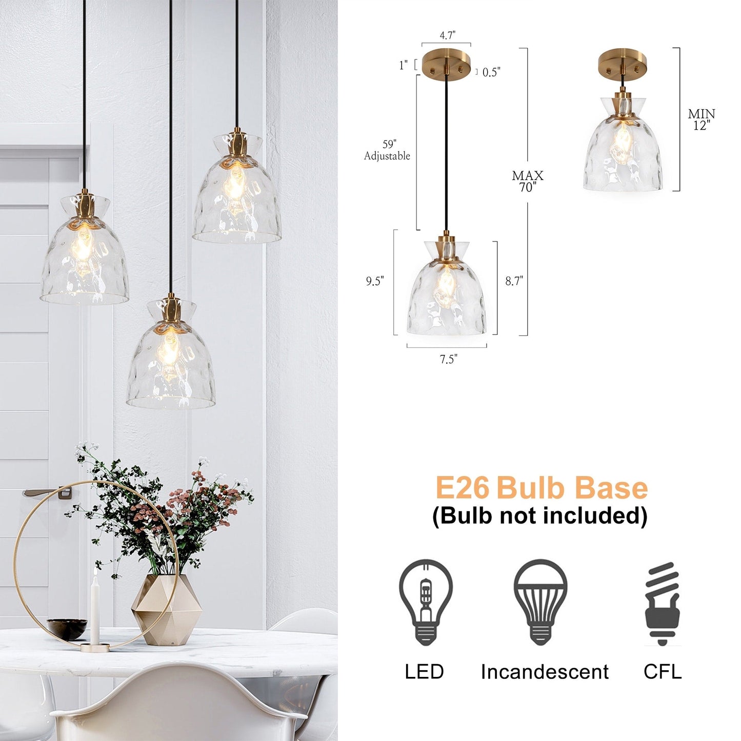 Suspension Elisie style moderne du milieu du siècle, 1 lumière, dôme en verre martelé effet cascade, éclairage pour îlot de cuisine ou salle à manger