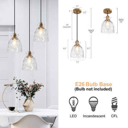 Suspension Elisie style moderne du milieu du siècle, 1 lumière, dôme en verre martelé effet cascade, éclairage pour îlot de cuisine ou salle à manger