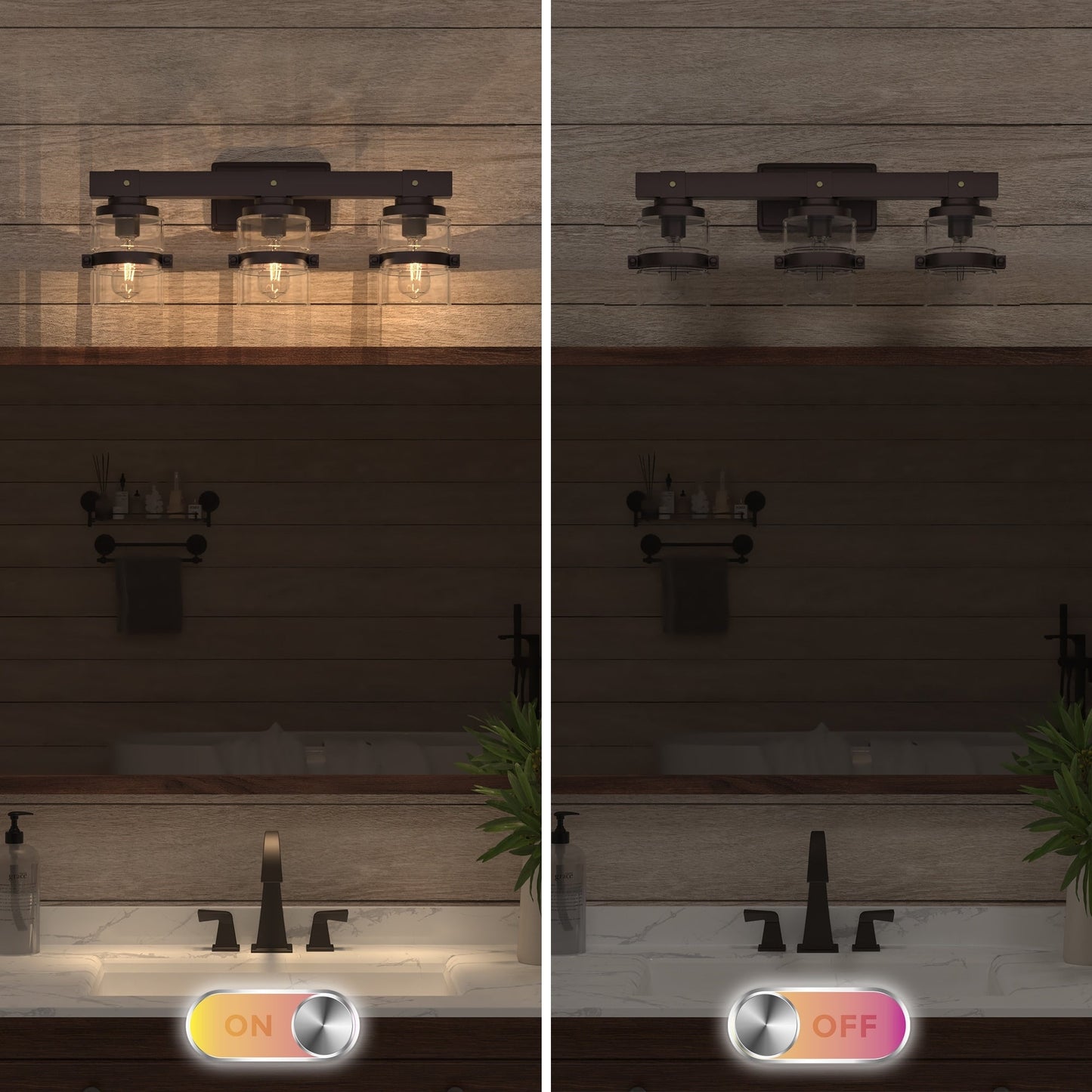 Appliques murales ExBrite Farmhouse à 3 lumières, intensité variable, en fer noir pour salle de bain