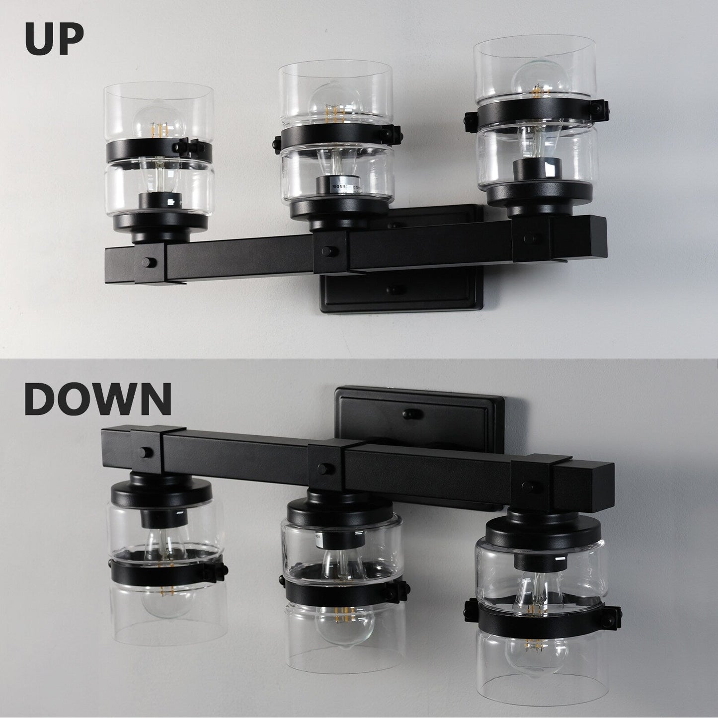 Appliques murales ExBrite Farmhouse à 3 lumières, intensité variable, en fer noir pour salle de bain