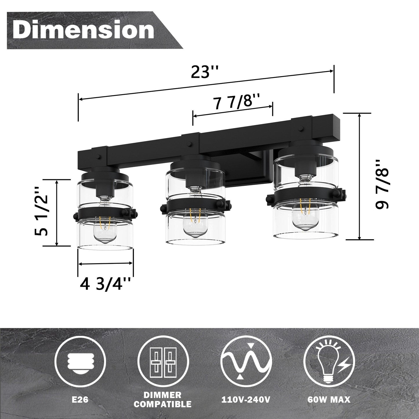 Appliques murales ExBrite Farmhouse à 3 lumières, intensité variable, en fer noir pour salle de bain
