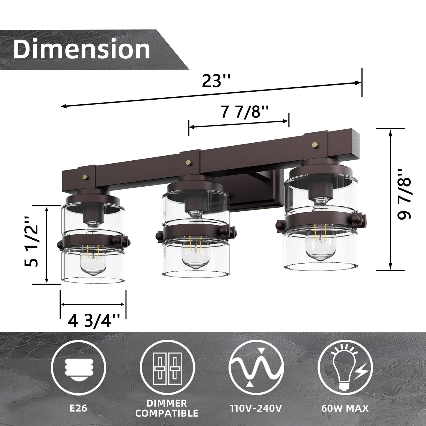 Appliques murales ExBrite Farmhouse à 3 lumières, intensité variable, en fer noir pour salle de bain