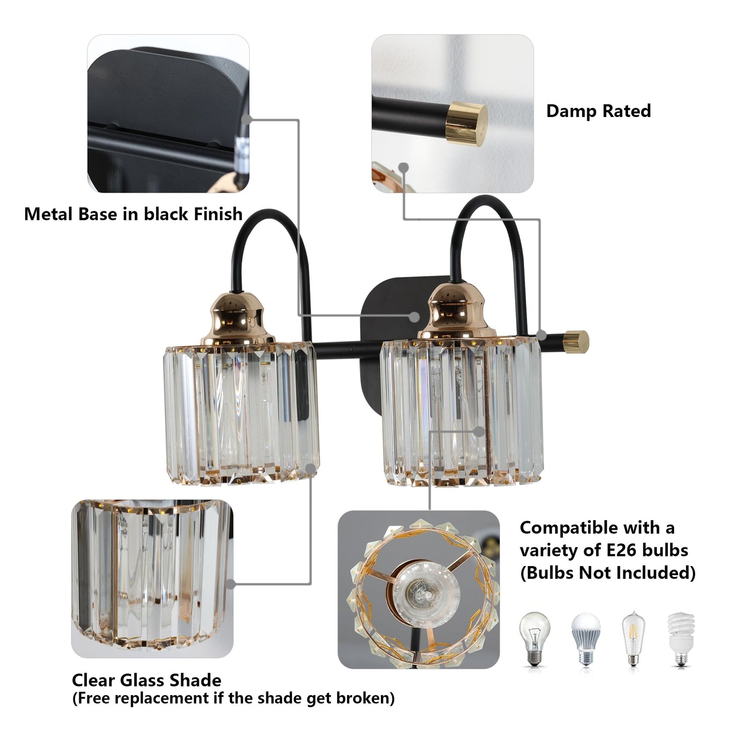Appliques murales ExBrite modernes en or rose, à 1/2/3/4/5 lumières, avec intensité variable, en cristal, pour salle de bain