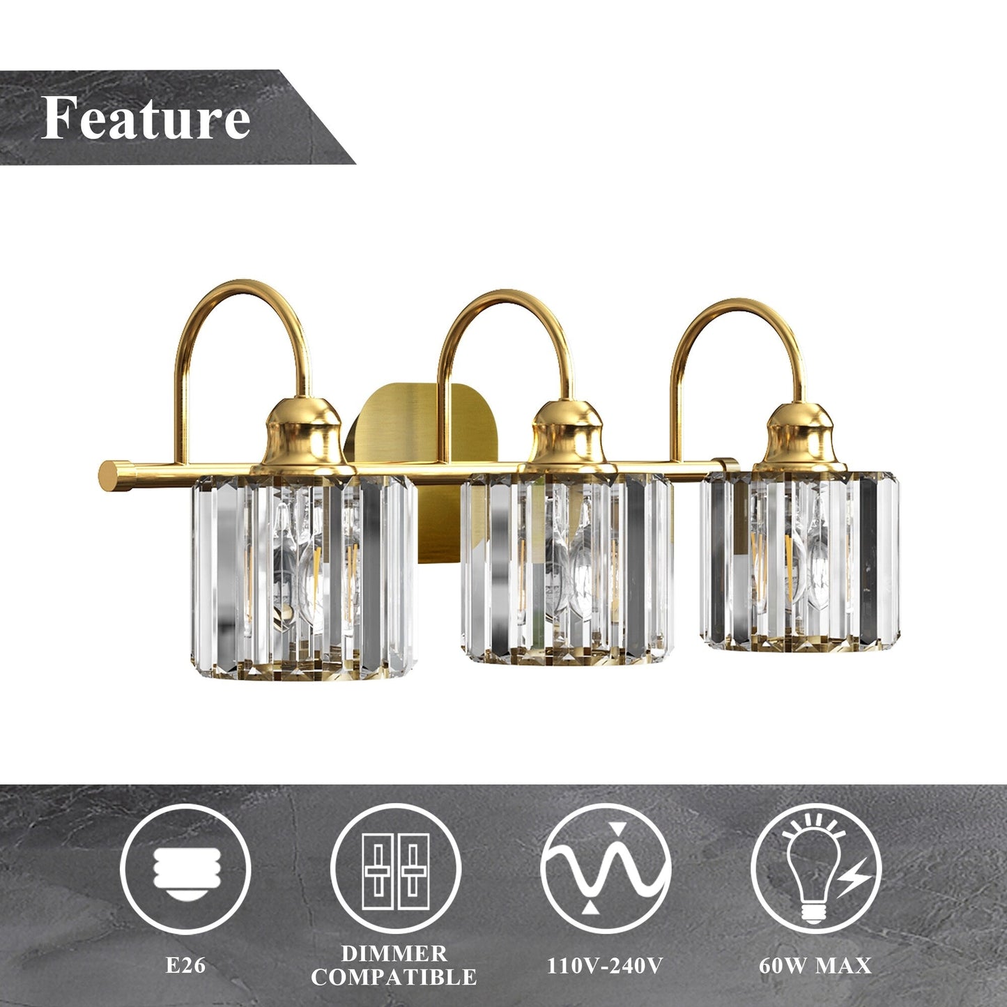 Appliques murales ExBrite modernes en or rose, à 1/2/3/4/5 lumières, avec intensité variable, en cristal, pour salle de bain