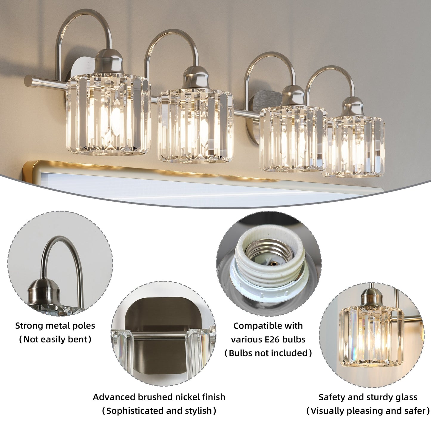 Appliques murales ExBrite modernes en or rose, à 1/2/3/4/5 lumières, avec intensité variable, en cristal, pour salle de bain