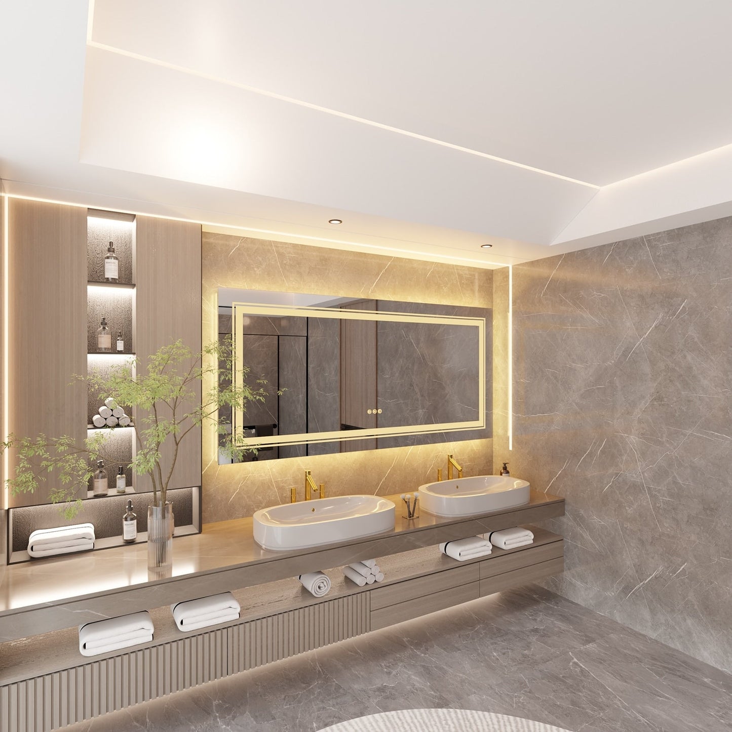 Miroir de salle de bain mural extra large avec éclairage LED, antibuée, 3 couleurs