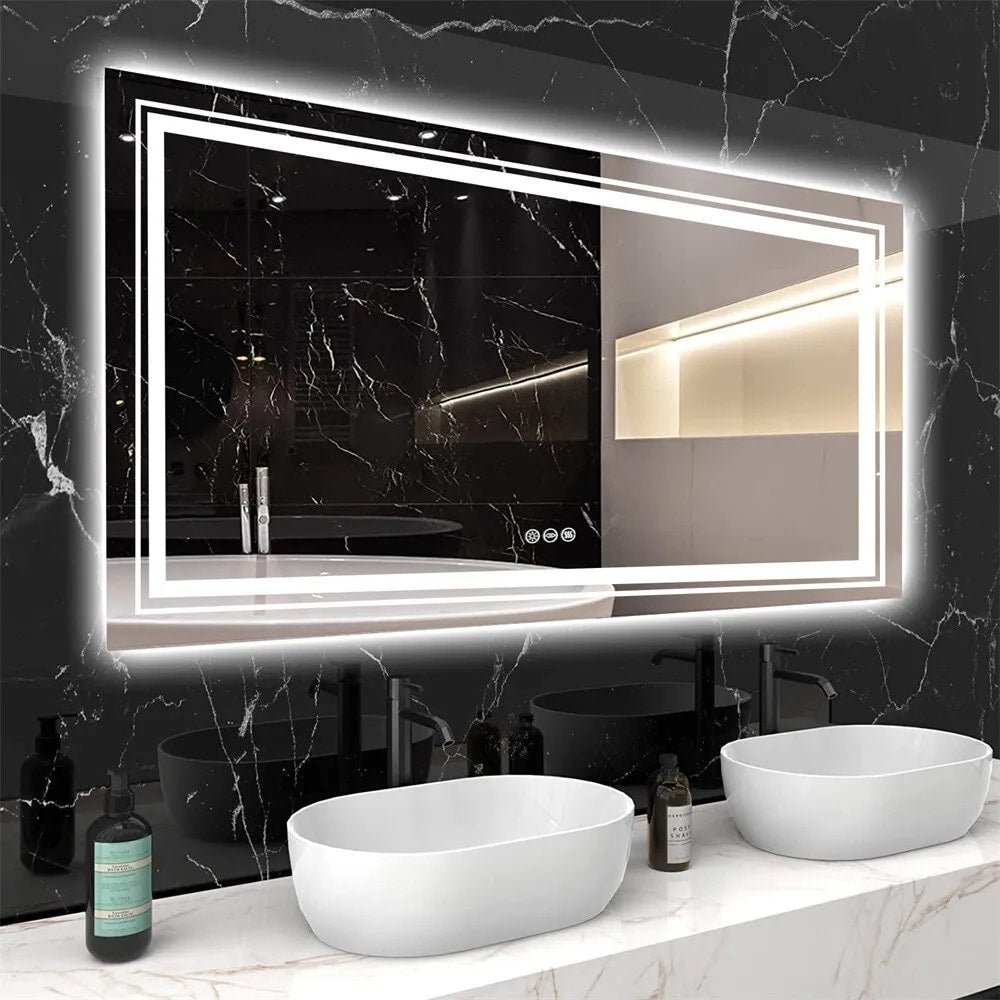 Miroir de salle de bain mural extra large avec éclairage LED, antibuée, 3 couleurs