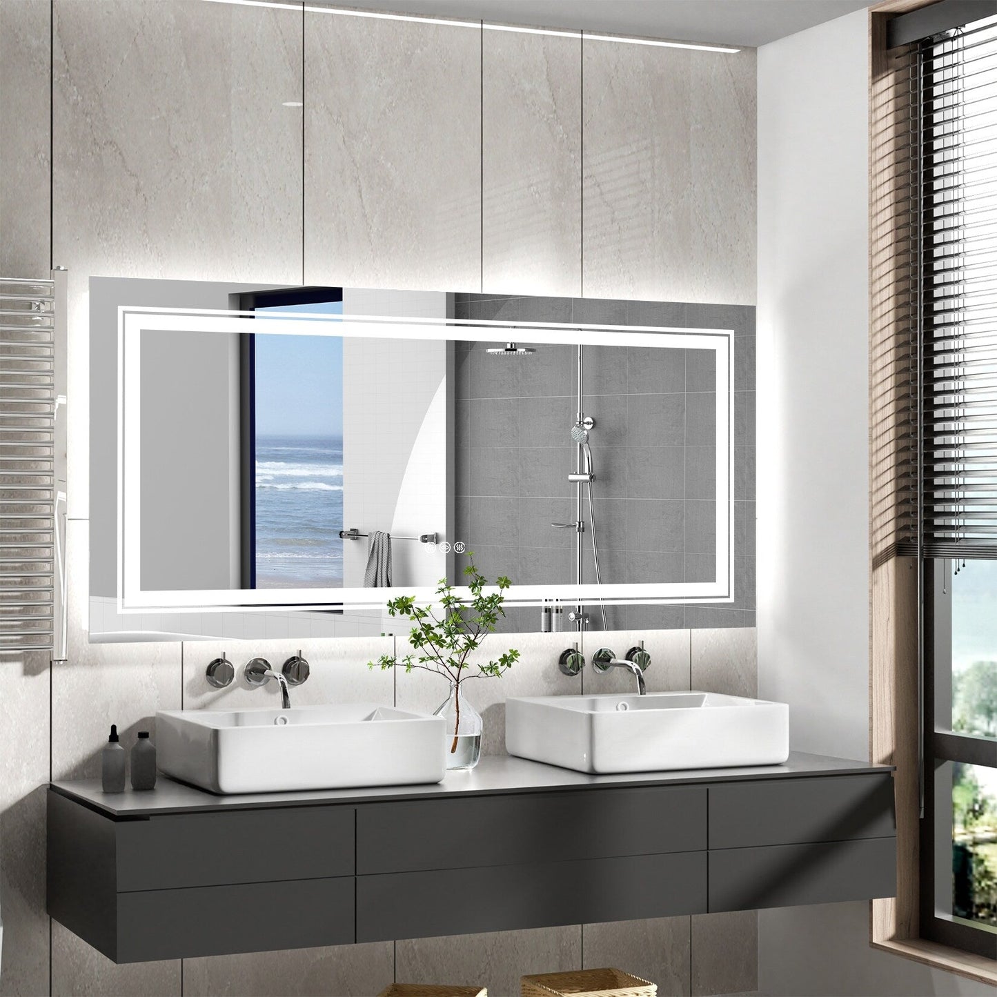 Miroir de salle de bain mural extra large avec éclairage LED, antibuée, 3 couleurs