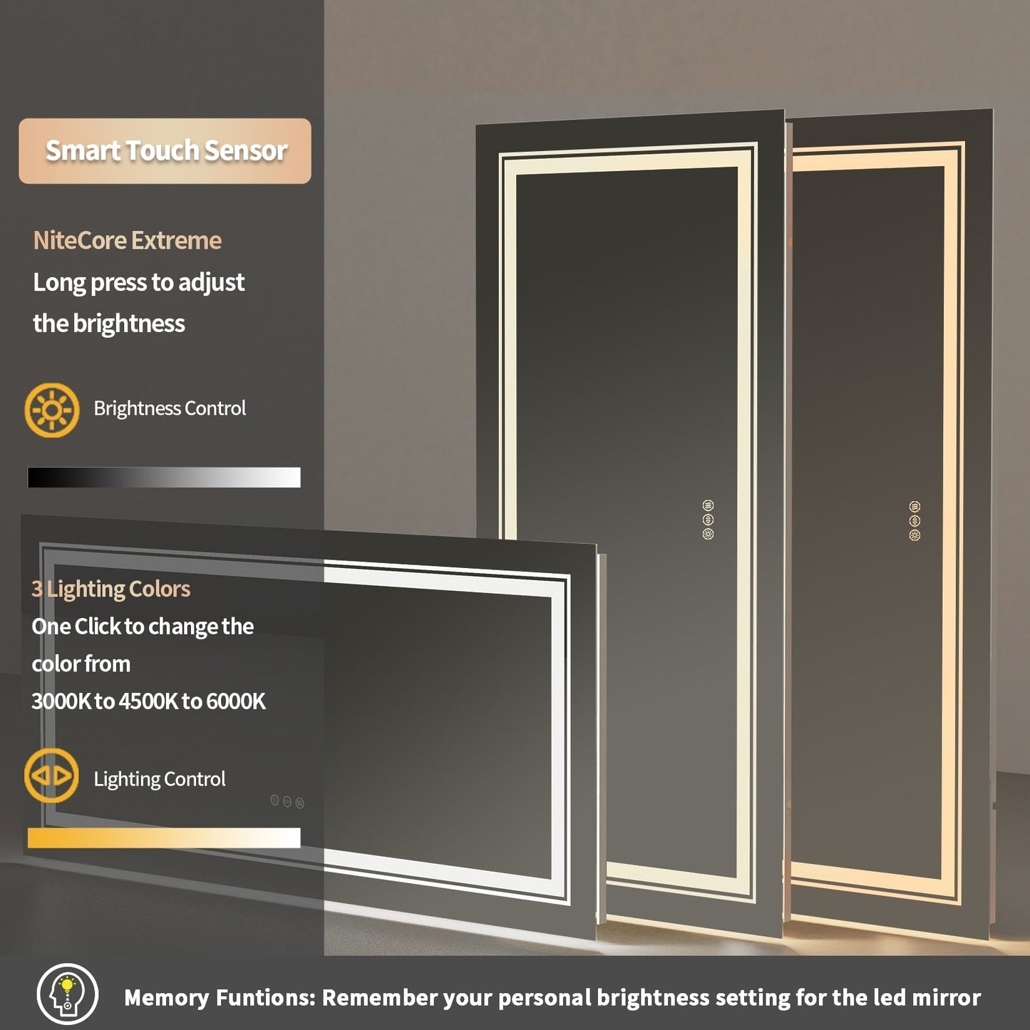 Miroir de salle de bain mural extra large avec éclairage LED, antibuée, 3 couleurs