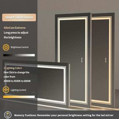 Miroir de salle de bain mural extra large avec éclairage LED, antibuée, 3 couleurs