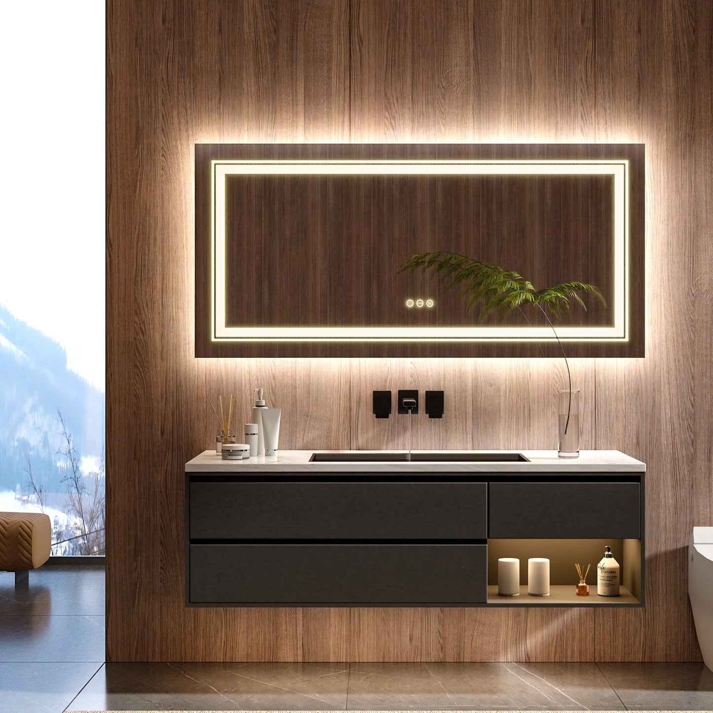 Miroir de salle de bain mural extra large avec éclairage LED, antibuée, 3 couleurs