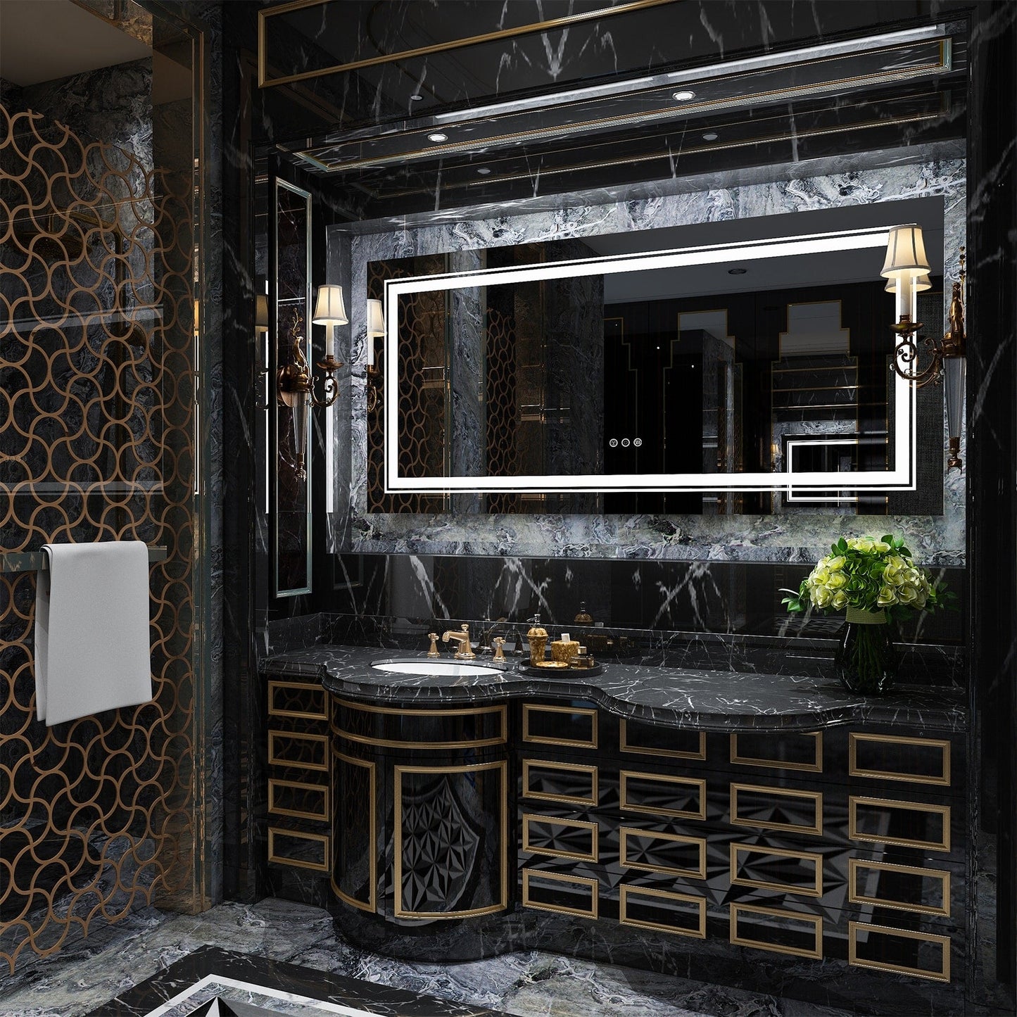 Miroir de salle de bain mural extra large avec éclairage LED, antibuée, 3 couleurs