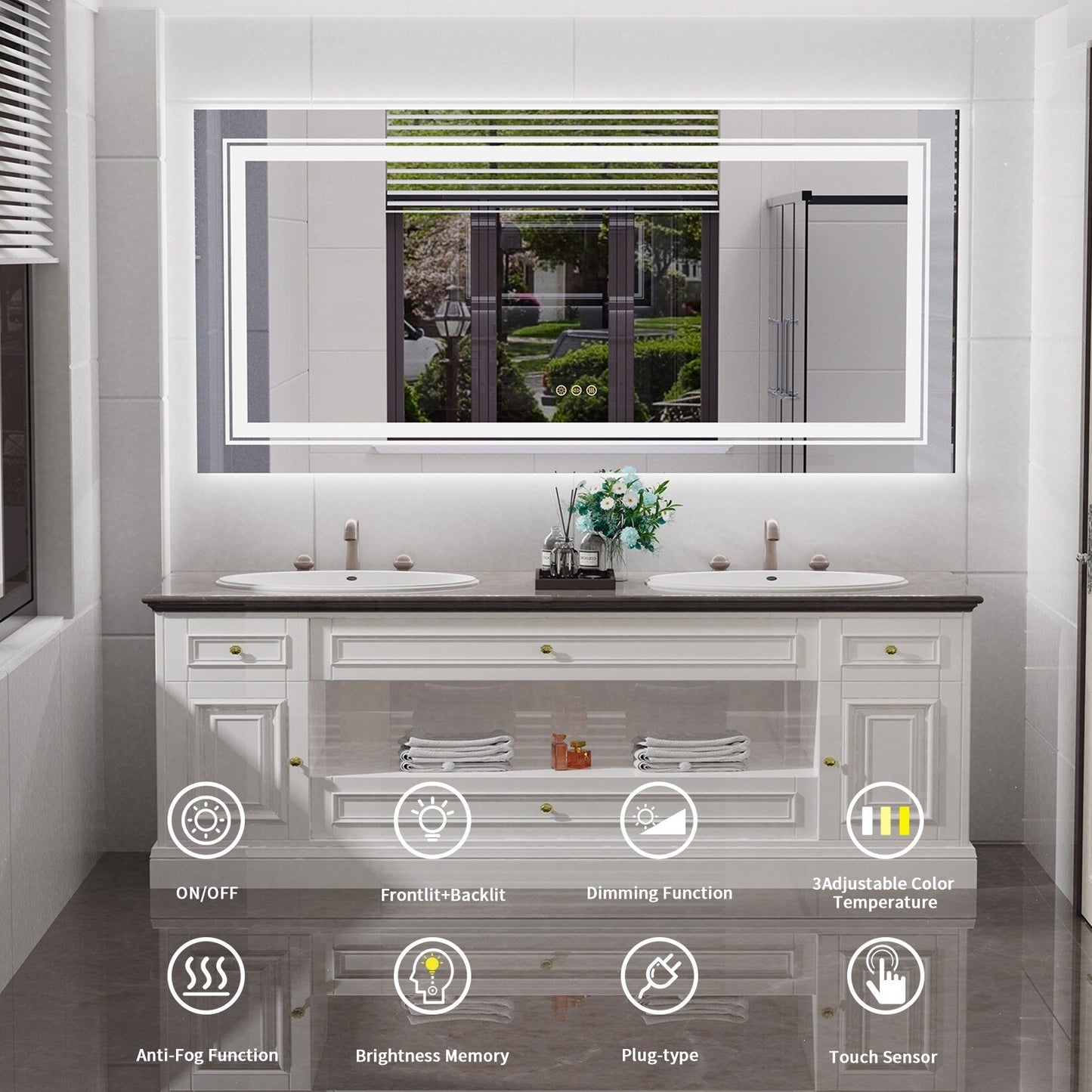 Miroir de salle de bain mural extra large avec éclairage LED, antibuée, 3 couleurs