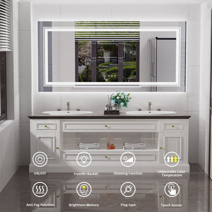 Miroir de salle de bain mural extra large avec éclairage LED, antibuée, 3 couleurs